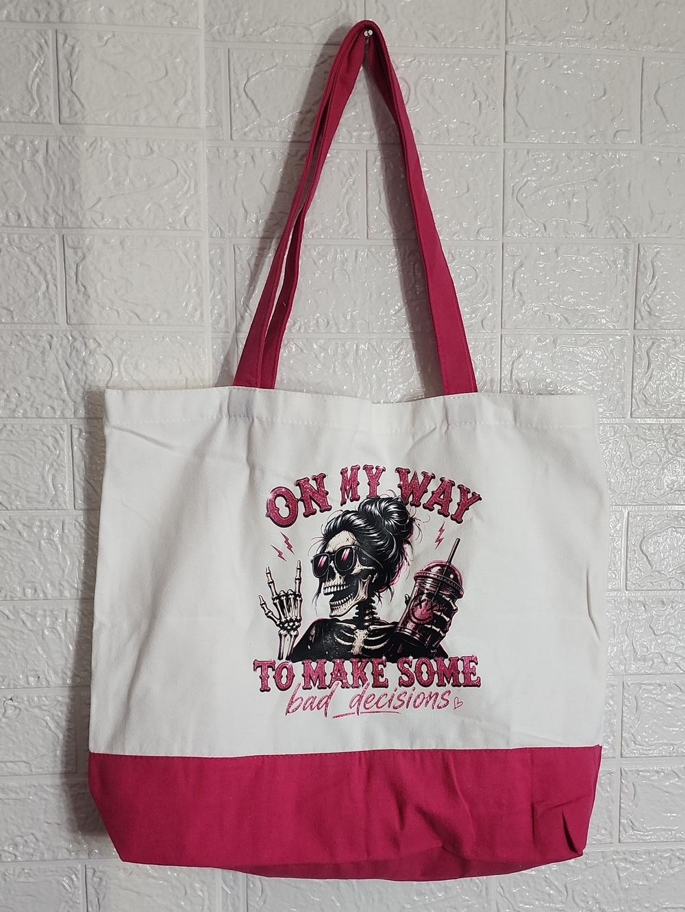 White and Pink Graphic Tote Bag - 'On My Way'